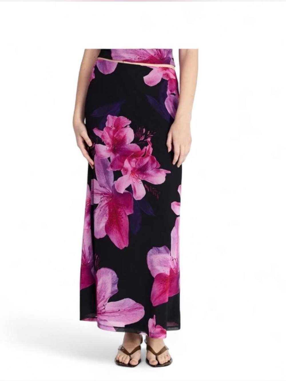 No Boundaries Black maxi skirt with pink floral print. Size XS, (fits like a M)
